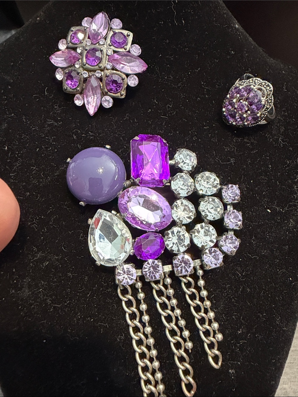 Purple Crystal Cluster Brooch bundle and ring - Women Jewelry